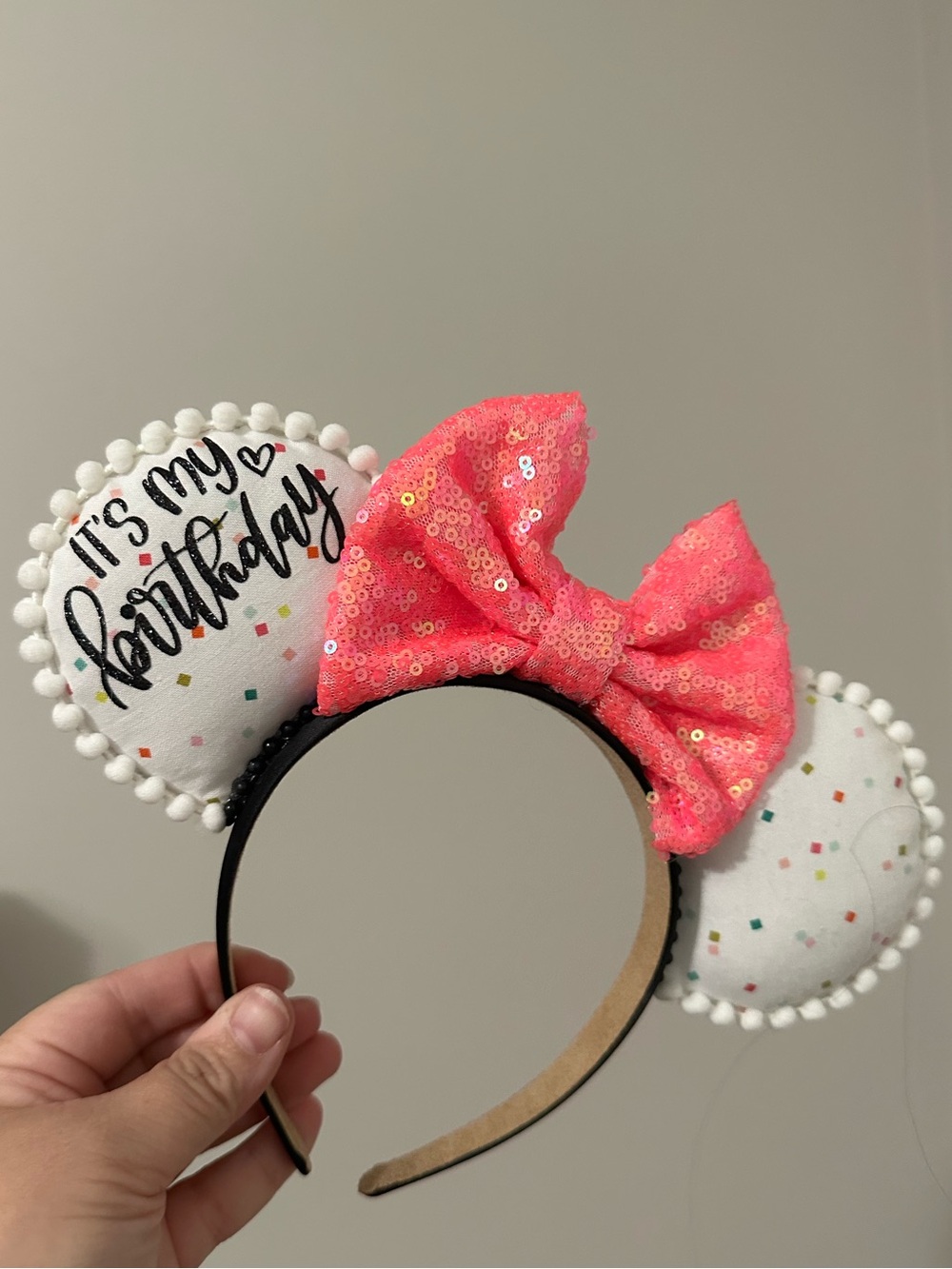 Birthday Minnie Ear Headband with Pink Sequin Bow